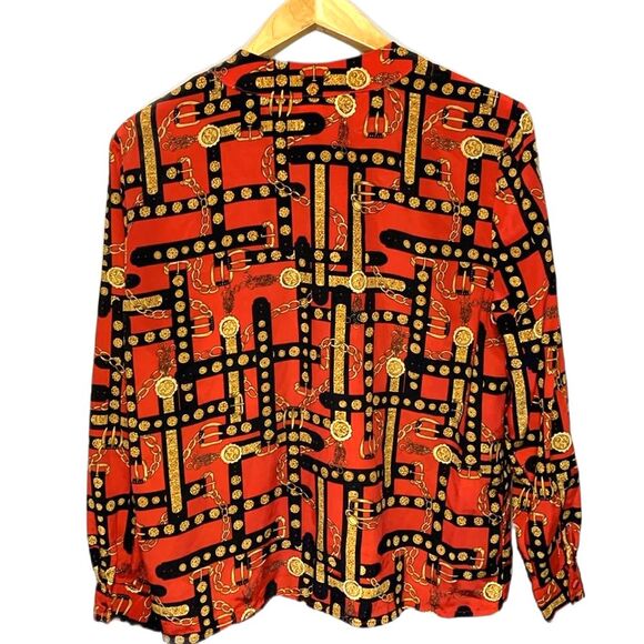 Vintage Jordan Red Gold Black Chain and Belt Print Long Sleeve Blouse Size 14 - Picture 4 of 13